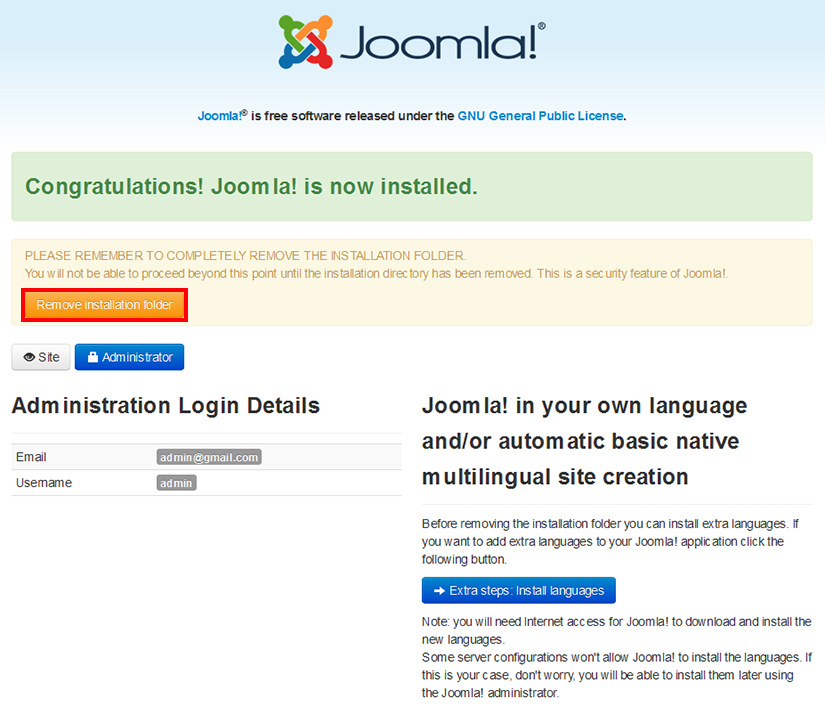 Joomla Installed Successfully