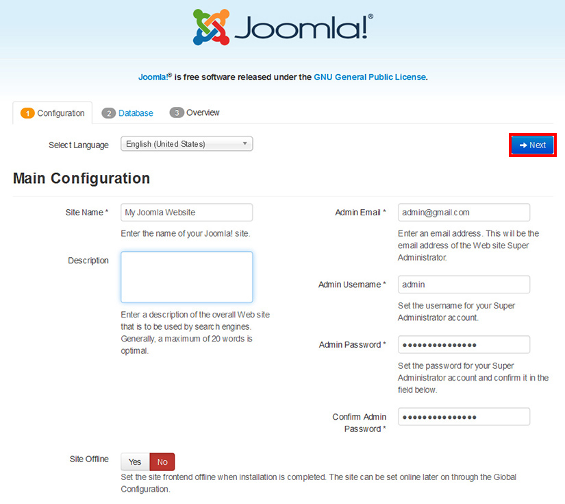 Install Joomla and set Main Configuration