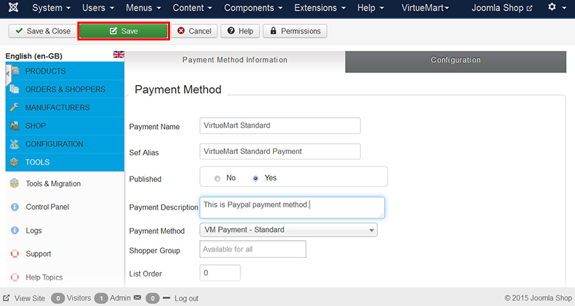 Configure payment gateway in VirtueMart