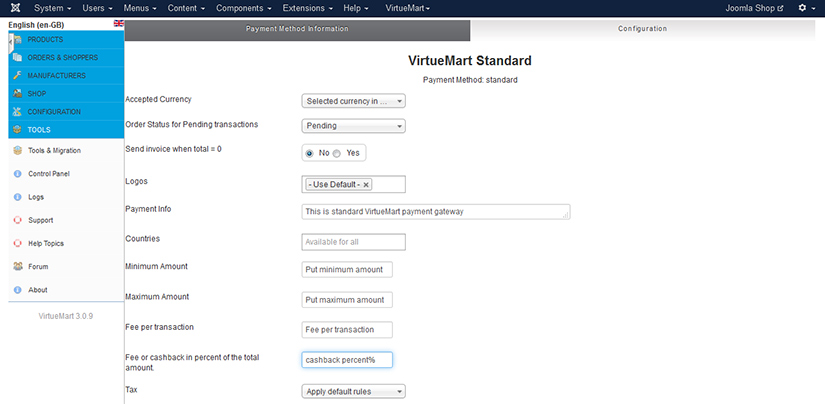 Payment Method Configuration in VirtueMart