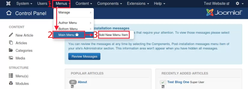 How to create a menu item in Joomla