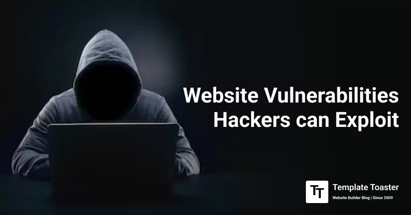 Top website vulnerabilities hackers can exploit, shown as a test on black background besides an illustration of a hacker