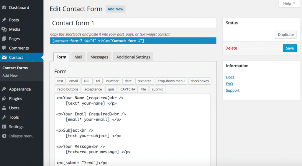 Contact Form Code For Wordpress