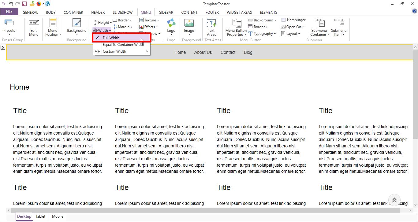 setting menu width in TemplateToaster ebook landing page