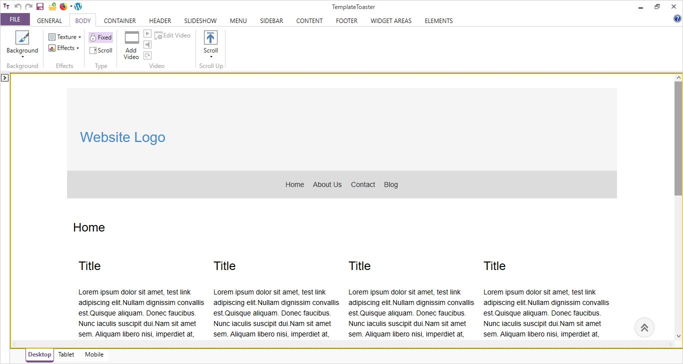 main interface of TemplateToaster custom header wordpress
