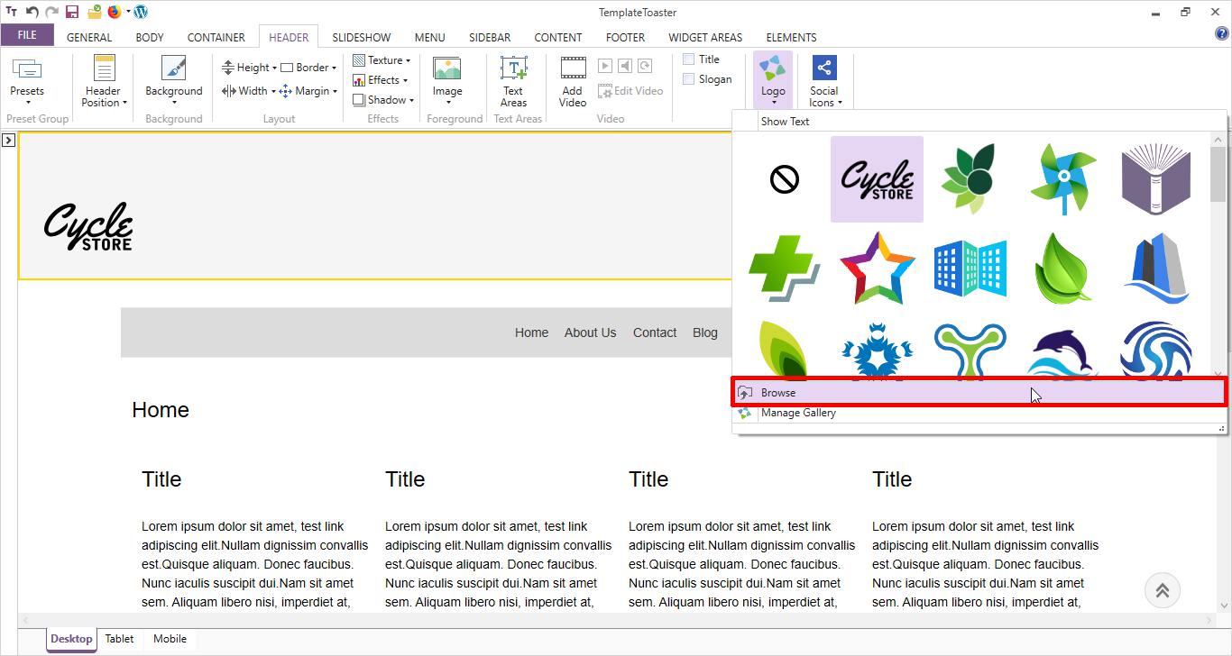 selection of logo in TemplateToaster custom header wordpress