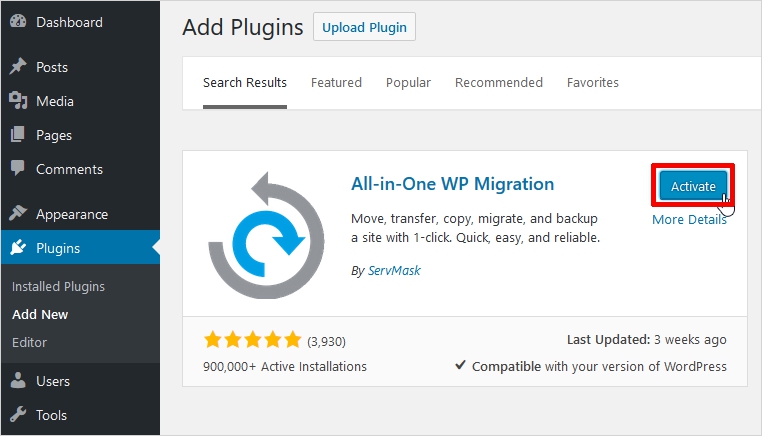 move wordpress site from localhost to live server with all in one wp migration wordpress plugin
