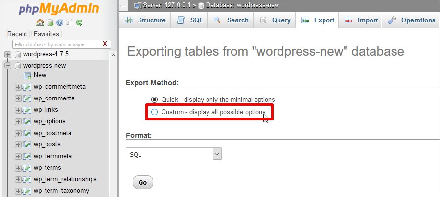 move wordpress from localhost to server export database