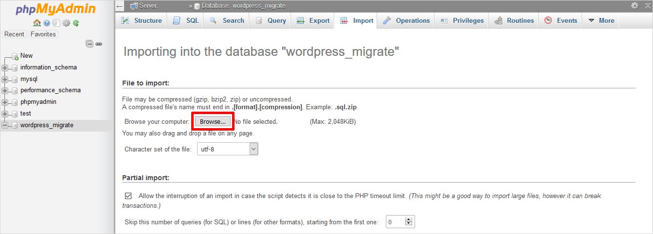 move wordpress from localhost to server import database 