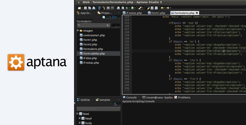 aptana studio html editor list