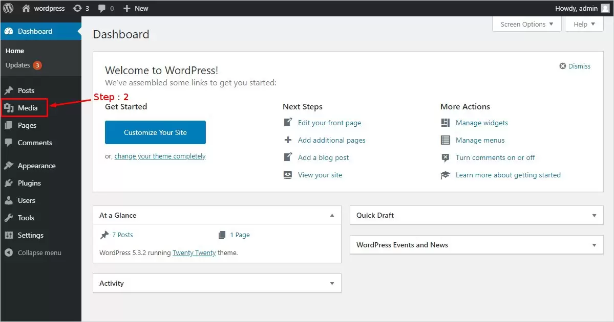 steps to upload WordPress media library