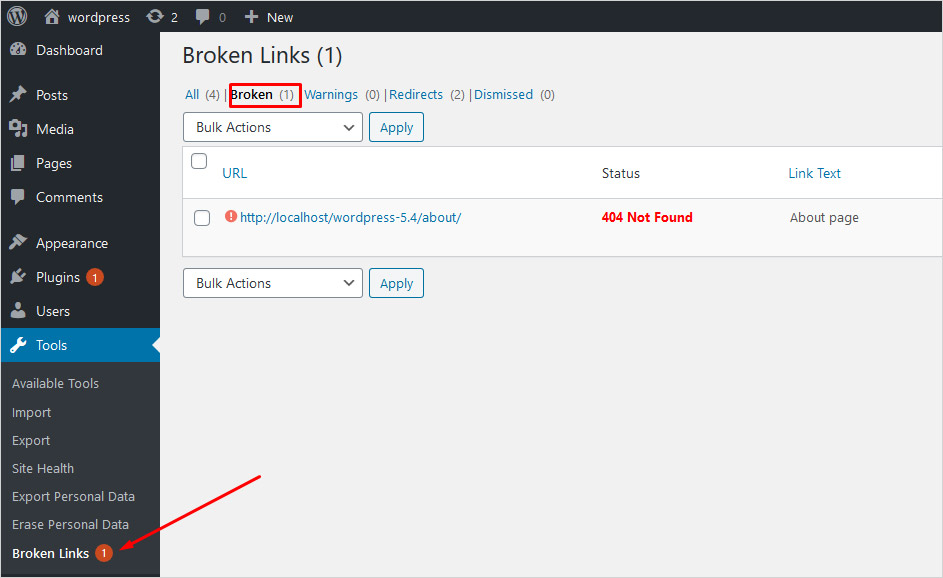 broken links report in WordPress