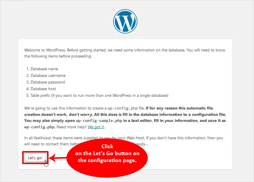 click on lets go button to install wordpress