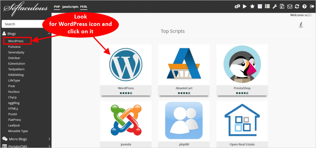click on wordpress icon in Softaculous