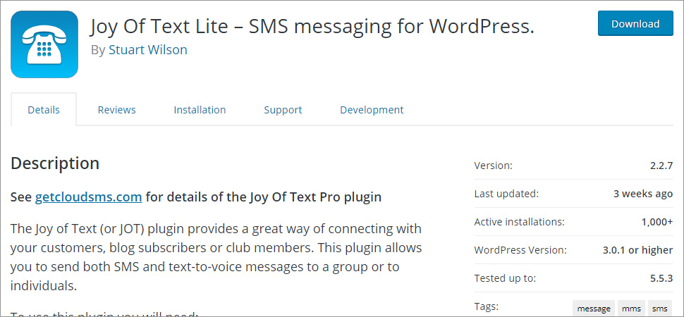 Joy Of Text Lite SMS messaging for WordPress