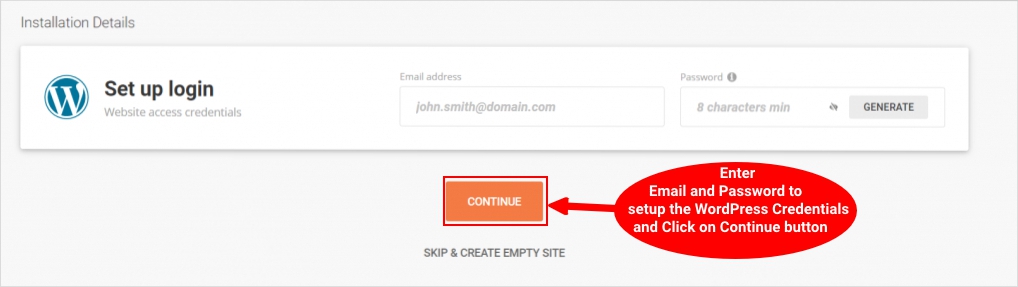 add email and password for wordpress intallation in siteground