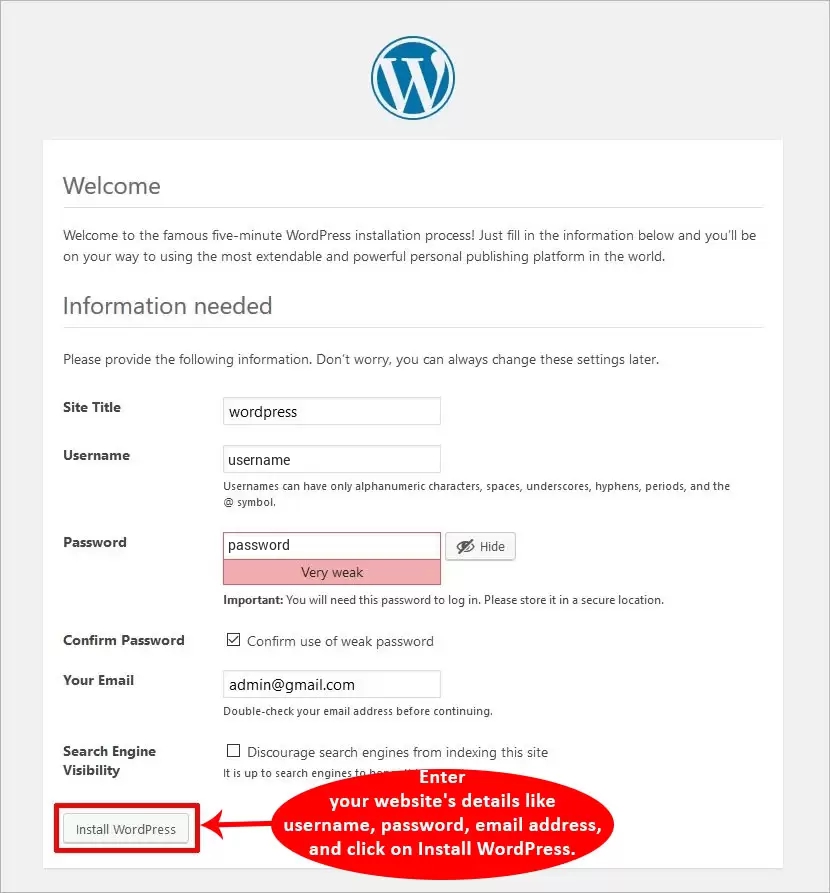 enter username and password to setup wordpress