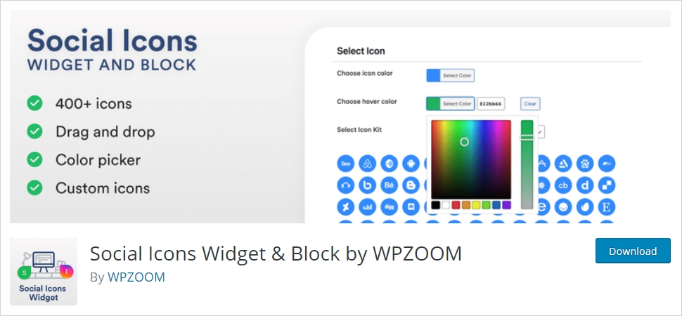 social icons widgets and block by wpzoom