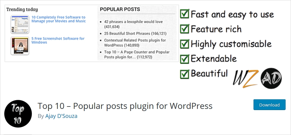 top 10 popular post plugin for wordpress